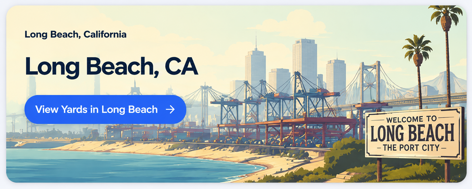 Illustrated Long Beach, California truck parking card with port cranes, skyline, and waterfront