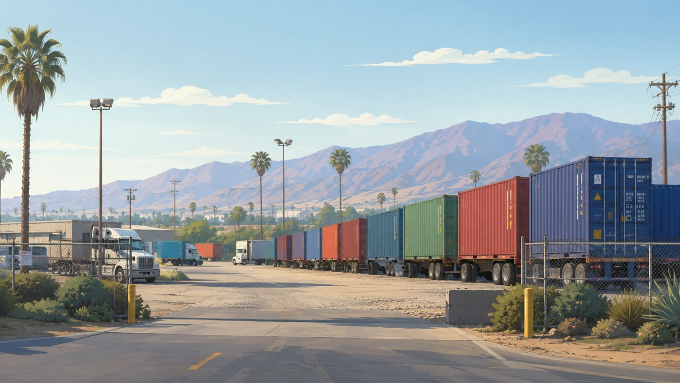 Illustrated Ontario truck yard with parked trucks, colorful shipping containers, palm trees, and mountains