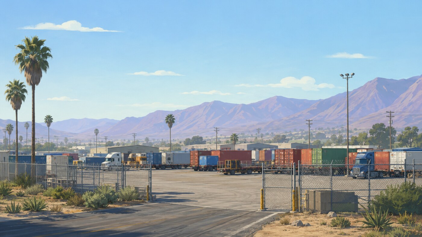 Illustrated Ontario truck yard with a gated entrance, trucks, shipping containers, palm trees, and mountains